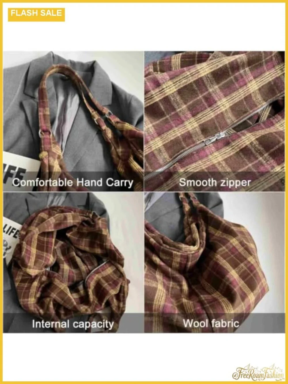 Woolen Plaid Tote Bag - Large Slouchy Hobo Shoulder Purse